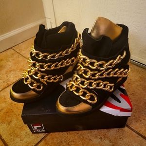 Jeffrey Campbell high rop gold chain black suede wedge sneakers